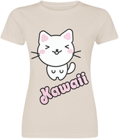 Kawaii - White Cat - T-shirt - Vrouwen - beige