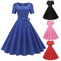 Audrey Hepburn Pois 1950s Robe de cocktail Robe vintage Printemps été Robe Rockabilly Robe de bal Femme Adulte Costume Vintage Cosplay Retour Fête scolaire Vacances Manches Courtes Col Carré Robe Noël miniinthebox