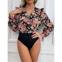 Bodysuit Femme Imprimer Floral Col V Vêtement de rue du"idien Vacances Standard manche longue Noir S Printemps miniinthebox