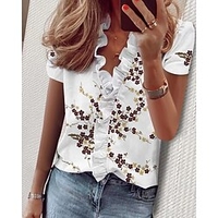 Chemise Femme du"idien Géométrique Fleur Manches Courtes Imprimer Col en V Décontractée Noir Gris Hauts Ajustable S miniinthebox