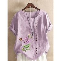 Chemise Femme du"idien Vacances Fin de semaine Floral Manches Courtes Bouton Imprimer Col Rond Vert Blanche Bleu Hauts Ample S miniinthebox