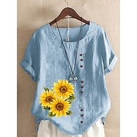 Chemise Femme du"idien Vacances Fin de semaine Floral Marguerite Manches Courtes Bouton Imprimer Col Rond Vert Blanche Bleu Hauts Ample S miniinthebox