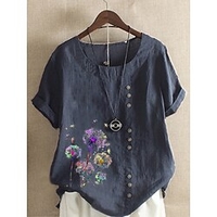 Chemise Femme du"idien Vacances Fin de semaine Floral Marguerite Manches Courtes Bouton Imprimer Col Rond Vert Blanche Bleu Hauts Ample S miniinthebox