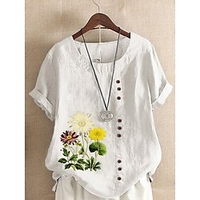 Chemise Femme du"idien Vacances Fin de semaine Floral Marguerite Manches Courtes Bouton Imprimer Col Rond Vert Blanche Bleu Hauts Ample S miniinthebox