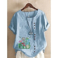 Chemise Femme du"idien Vacances Fin de semaine Floral Pissenlit Manches Courtes Bouton Imprimer Col Rond Vert Blanche Bleu Hauts Ample S miniinthebox