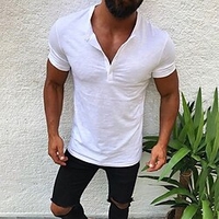 Chemise Homme Couleur Pleine Col en V Bouton bas Manches Courtes Plein Air Décontractée du"idien Standard 100% Coton Décontractée Mode Respirable / Eté / Printemps / Eté miniinthebox