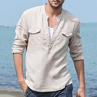 Chemise Homme Couleur Pleine Mao Bouton bas Manches Longues Plein Air Casual du"idien Standard 100% Coton Casual Mode Respirable / Eté / Printemps / Eté miniinthebox