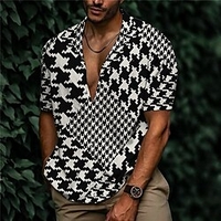 Chemise Homme Imprimé Pied-de-poule Col rabattu Bouton bas Imprimer Manches Courtes Plein Air Décontractée Vacances Standard Aspect lin (polyester) Décontractée Mode Designer miniinthebox