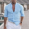 chemise pour hommes couleur unie col rue"idien décontracté à manches longues hauts coton léger mode décontractée confortable respirant bleu blanc noir vacances vacances plage chemises d
