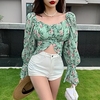 Chemisier Chemise Femme Décontractée Vacances Sortie Abstrait Fleur Manches Longues Imprimer Col Carré Décontractée Vert Rose Claire Hauts Manche Gigot Mince Taille unique miniinthebox