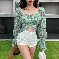 Chemisier Chemise Femme Décontractée Vacances Sortie Abstrait Fleur Manches Longues Imprimer Col Carré Décontractée Vert Rose Claire Hauts Manche Gigot Mince Taille unique miniinthebox