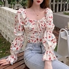Chemisier Chemise Femme Décontractée Vacances Sortie Floral Manches Longues Cordon Imprimer Col Carré Décontractée Bleu Rouge Hauts Manche Gigot Mince Taille unique miniinthebox