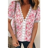 Chemisier Chemise Femme du"idien Fin de semaine Fleur Floral Manches Courtes Garniture en dentelle Imprimer Col en V Décontractée Vêtement de rue Vert Rose Claire Arc-en-ciel Hauts Standard S miniinthebox
