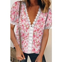 Chemisier Chemise Femme du"idien Fin de semaine Fleur Floral Manches Courtes Garniture en dentelle Imprimer Col en V Décontractée Vêtement de rue Vert Rose Claire Arc-en-ciel Hauts Standard S miniinthebox