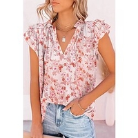 Chemisier Chemise Femme du"idien Fin de semaine Fleur Floral Manches Courtes Lacet Imprimer Col en V Décontractée Vêtement de rue Vert Blanche Bleu Hauts Standard S / 3D effet miniinthebox