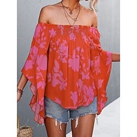 Chemisier Chemise Femme du"idien Fin de semaine Fleur Floral Manches Longues Imprimer Epaules Dénudées Décontractée Vêtement de rue Jaune Orange Rouge Hauts Ample S / 3D effet miniinthebox
