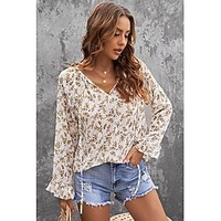 Chemisier Chemise Femme du"idien Fin de semaine Fleur Floral Manches Longues Lacet Imprimer Col en V Décontractée Vêtement de rue Blanche Bleu Rose Claire Hauts Standard S / 3D effet miniinthebox
