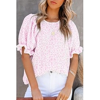 Chemisier Chemise Femme du"idien Fin de semaine Floral Manches Courtes A Volants Imprimer Col Rond Décontractée Vêtement de rue Vert Noir Bleu Hauts Standard S / 3D effet miniinthebox