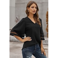 Chemisier Chemise Femme du"idien Fin de semaine Plein Manches 3/4 Maille Patchwork Col en V Décontractée Vêtement de rue Blanche Noir Bleu Hauts Standard S miniinthebox