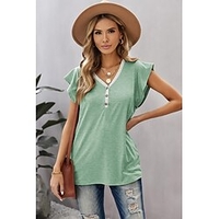 Chemisier Chemise Femme du"idien Fin de semaine Plein Manches Courtes A Volants Bouton Col en V Décontractée Vêtement de rue Vert Noir Bleu Hauts Standard S miniinthebox