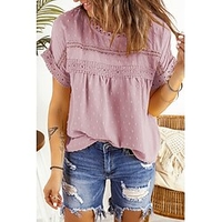 Chemisier Chemise Femme du"idien Fin de semaine Plein Manches Courtes Dentelle Patchwork Col Rond Décontractée Vêtement de rue Blanche Rose Claire Jaune Hauts Standard S miniinthebox