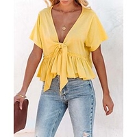 Chemisier Chemise Femme du"idien Fin de semaine Plein Manches Courtes Lacet A Volants Tunique fluide Col en V Décontractée Vêtement de rue Blanche Noir Jaune Hauts Standard S miniinthebox