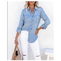 Chemisier Chemise Femme du"idien Fin de semaine Plein Manches Longues Poche Bouton Col de Chemise Décontractée Vêtement de rue Bleu Hauts Standard Jean S miniinthebox