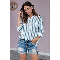 Chemisier Chemise Femme du"idien Fin de semaine Rayé Manches Longues Bouton Imprimer Col en V Décontractée Vêtement de rue Vert Noir Bleu Hauts Standard S miniinthebox