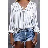 Chemisier Chemise Femme du"idien Fin de semaine Rayé Manches Longues Poche Col en V Décontractée Vêtement de rue Blanche Bleu Hauts Standard S miniinthebox