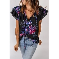 Chemisier Chemise Femme du"idien Fin de semaine Tie Dye Manches Courtes A Volants Imprimer Col en V Décontractée Vêtement de rue Noir Hauts Standard S / 3D effet miniinthebox