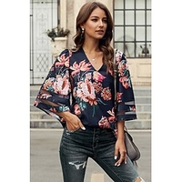 Chemisier Chemise Femme Vacances Fin de semaine Fleur Floral Manches 3/4 Maille Patchwork Imprimer Col en V Décontractée Vêtement de rue Blanche Bleu Rose Claire Hauts Standard S / 3D effet miniinthebox