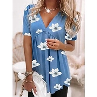 Chemisier Chemise Femme Vacances Fin de semaine Fleur Floral Manches Courtes Tunique fluide Imprimer Col en V Décontractée Vêtement de rue Vert Bleu Vert Claire Hauts Standard S / 3D effet miniinthebox