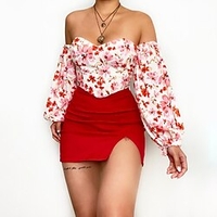 Chemisier Chemise Femme Vacances Fin de semaine Fleur Floral Manches Longues Epaules Dénudées Imprimer Epaules Dénudées Décontractée Vêtement de rue Jaune Rouge Hauts Standard S / 3D effet miniinthebox