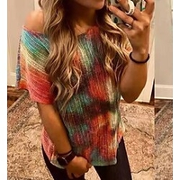 Chemisier Chemise Femme Vacances Fin de semaine Tie Dye Manches Courtes Dos Nu Imprimer Col Rond Décontractée Vêtement de rue Rouge Hauts Standard S / 3D effet miniinthebox