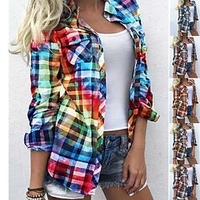 Chemisier Chemise veste Femme Vert Bleu Rouge Plaid Bloc de couleur Bouton Imprimer Manches Longues du"idien Fin de semaine Vêtement de rue Casual Col de Chemise Normal Standard S / 3D effet miniinthebox
