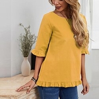 Chemisier Femme Décontractée du"idien Fin de semaine Plein Demi Manches A Volants Patchwork Col Rond Décontractée Rétro Vintage Noir Gris Jaune Hauts Ajustable S miniinthebox