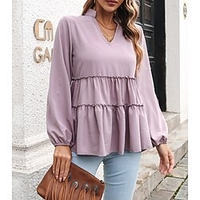 Chemisier Femme Décontractée du"idien Sortie Plein Manches Longues Patchwork Garniture de laitue Col en V Décontractée Vêtement de rue Vert Noir Kaki Hauts Manches Lanterne S miniinthebox