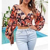 Chemisier Femme Décontractée du"idien Vacances Floral Manches Longues Patchwork Col en V Décontractée Vêtement de rue Plage Blanche Noir Rouge Hauts Manches Lanterne Standard S miniinthebox