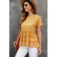 Chemisier Péplum Chemise Femme du"idien Fin de semaine Fleur Floral Manches Courtes Tunique fluide Imprimer Col Rond Décontractée Vêtement de rue Jaune Hauts Standard S / 3D effet miniinthebox