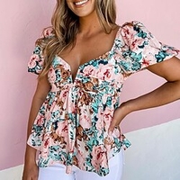 Chemisier Péplum Chemise Femme Vacances Fin de semaine Fleur Floral Manches Courtes Tunique fluide Imprimer Col en V Décontractée Vêtement de rue Rose Claire Hauts Standard S / 3D effet miniinthebox