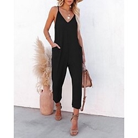 Combinaison Femme Couleur unie Col V Casual du"idien Vacances Standard Sans Manches Noir S Printemps miniinthebox