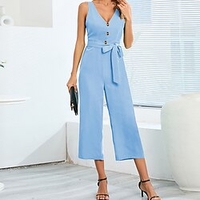 Combinaison Femme Lacet Bouton Couleur unie Col V Vêtement de rue Vacances Sortie Standard Sans Manches Noir S Printemps miniinthebox