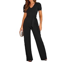 Combinaison Femme Lacet Couleur unie Col V Vêtement de rue Vacances Sortie Standard Manche Courte Noir S Printemps miniinthebox
