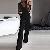 combinaison femme maille paillettes couleur unie col en v élégant soirée bal coupe classique manches longues noir s m l printemps miniinthebox