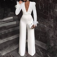 Combinaison Femme Plume Couleur unie V Profond Elégant Soirée Fête scolaire Ample Mince manche longue Blanche S Automne miniinthebox