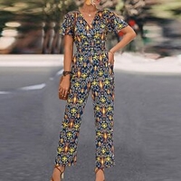 Combinaison Femme Taille haute Imprimer Floral Col V Vêtement de rue du"idien Vacances Standard Manche Courte Bleu S Printemps miniinthebox
