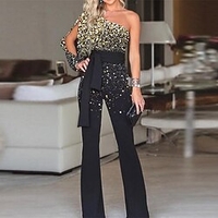 Combinaison Femme Taille haute Imprimer Pois Une Epaule Elégant Soirée Bar Standard manche longue Noir S Printemps miniinthebox