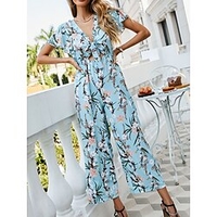 Combinaison Femme Taille haute Noeud Floral Col V Vêtement de rue du"idien Vacances Standard Manche Courte Bleu Poudré XS Printemps miniinthebox