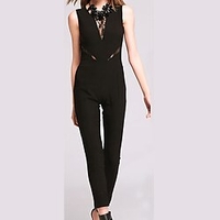 Combinaison-pantalon Femme Dentelle Couleur Pleine Col en V Décontractée Plein Air Rendez-vous Standard Sans Manches Noir S L