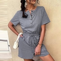 Combishort Femme Bouton Poche Couleur unie Col Ras du Cou Ordinaire du"idien Vacances Standard Manche Courte Noir S Printemps miniinthebox